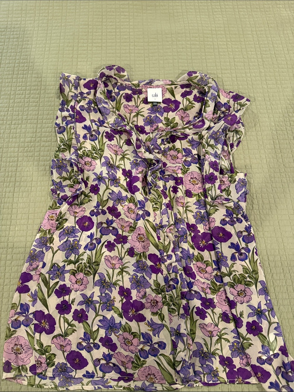 CAbi Floral Ruffle Neck Tank in Purple and Pink